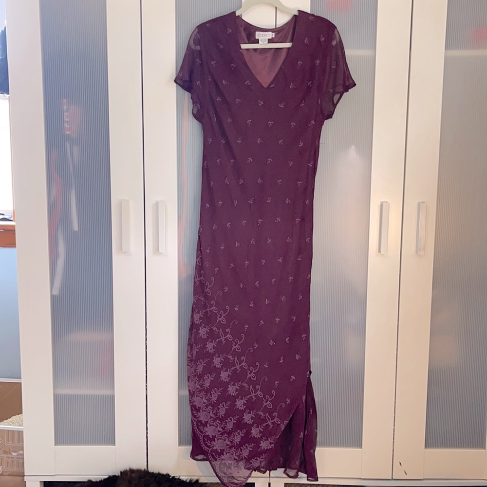 Wine Color With Pink Floral Print Evening Gown